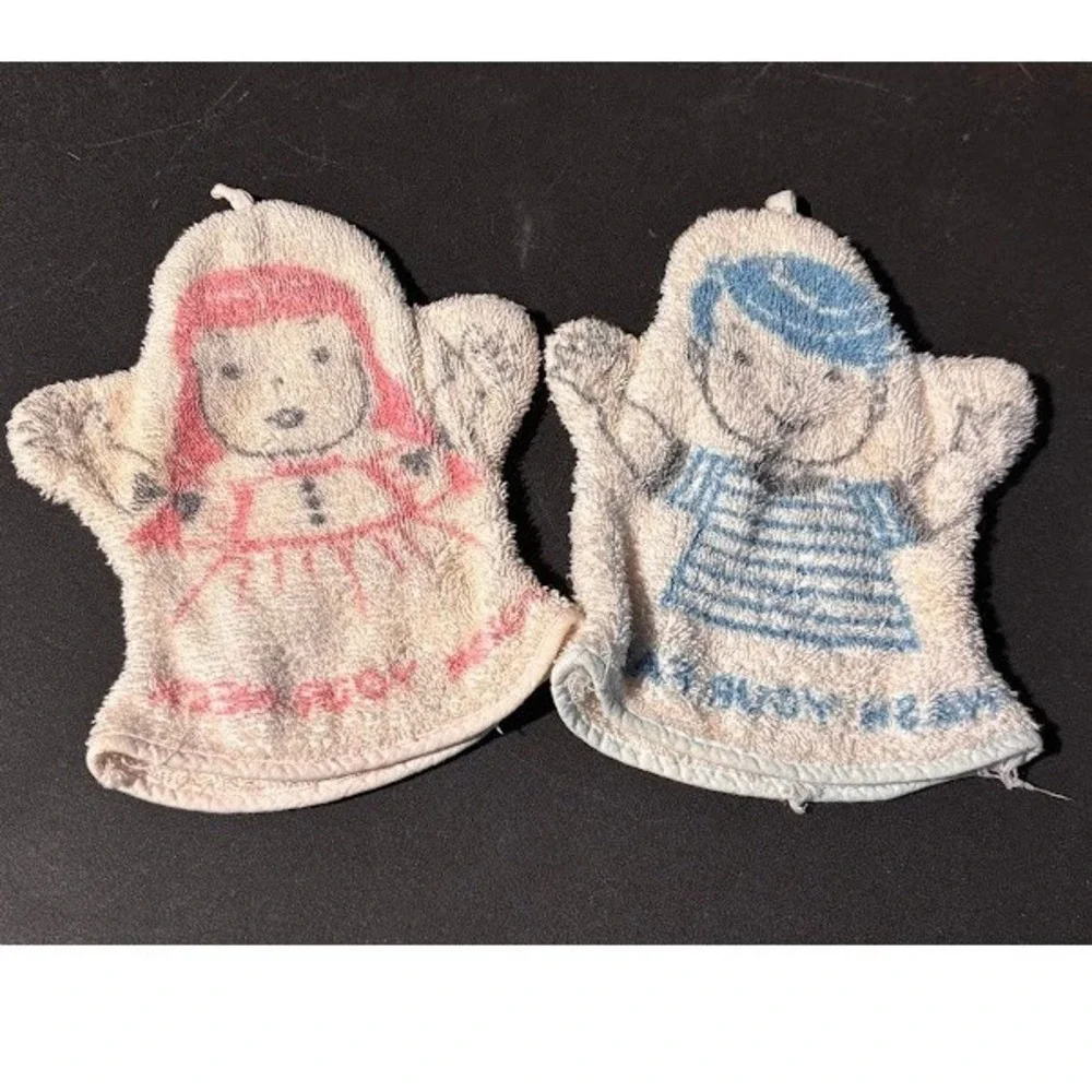 Vintage Puppet Style Washcloths Set Boy Girl Wash Your Face Neck Terry Cloth